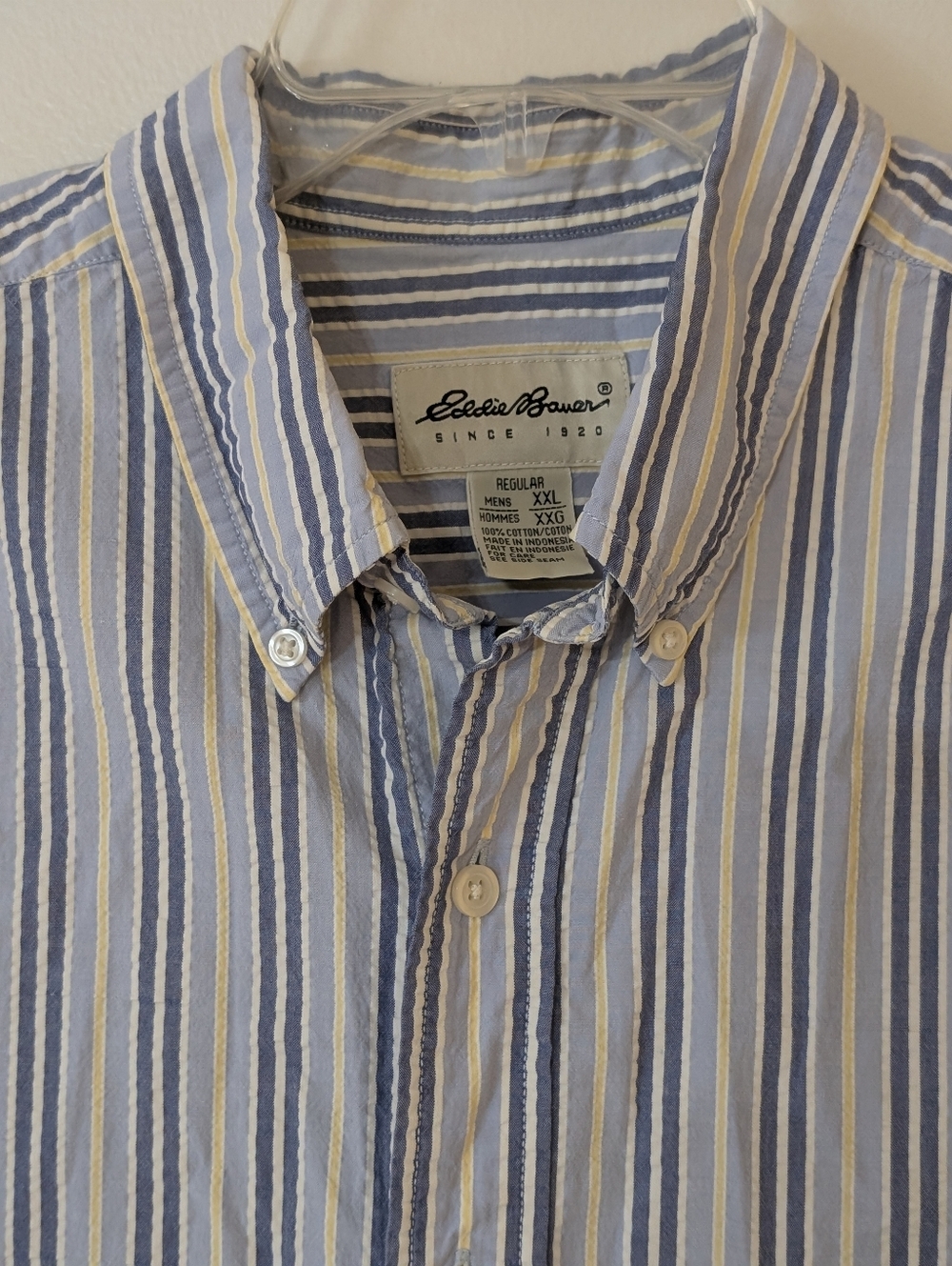 Eddie Bauer Men’s Short Sleeves Blue, White & Yellow Striped Shirt XXL
